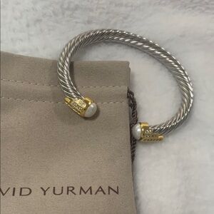 David Yurman Silver Cable Bracelet with Gold and Pearl Accents